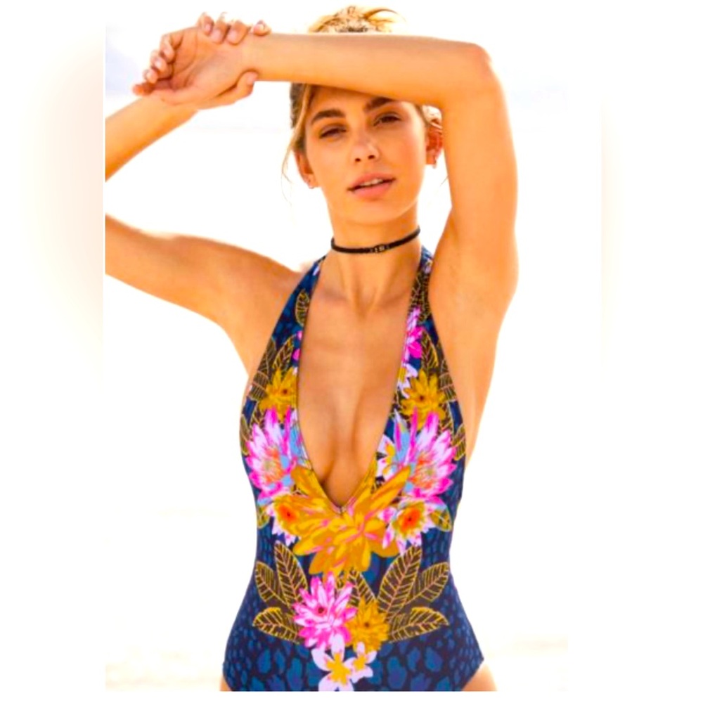Out From Under Plunging V Printed One-Piece Swimsuit
Dark blue floral 
Size: M